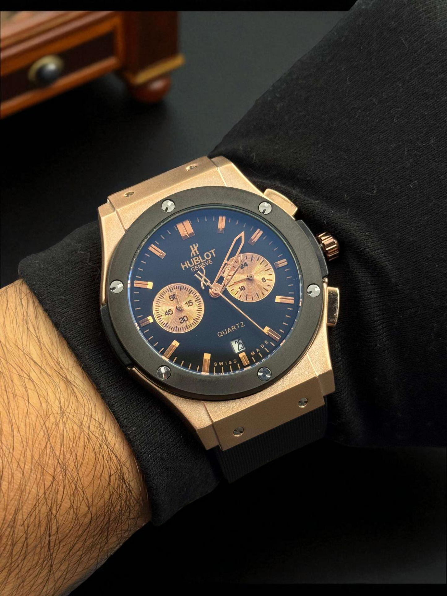 Hublot Funcional Negro Tablero Negro Oro Rosa