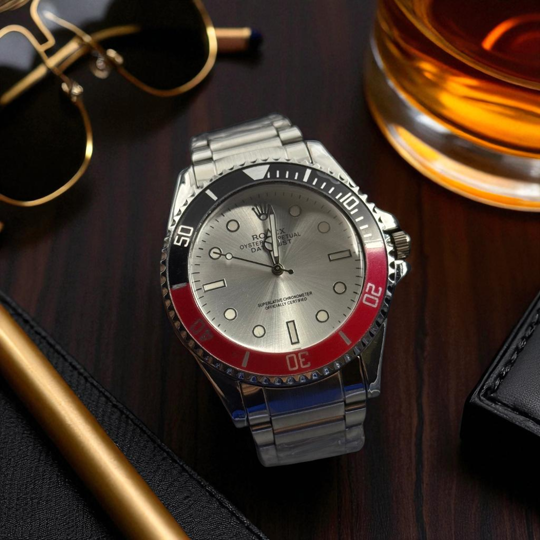 Rolex Plus Plateado Tablero Plateado Bisel Negro Rojo