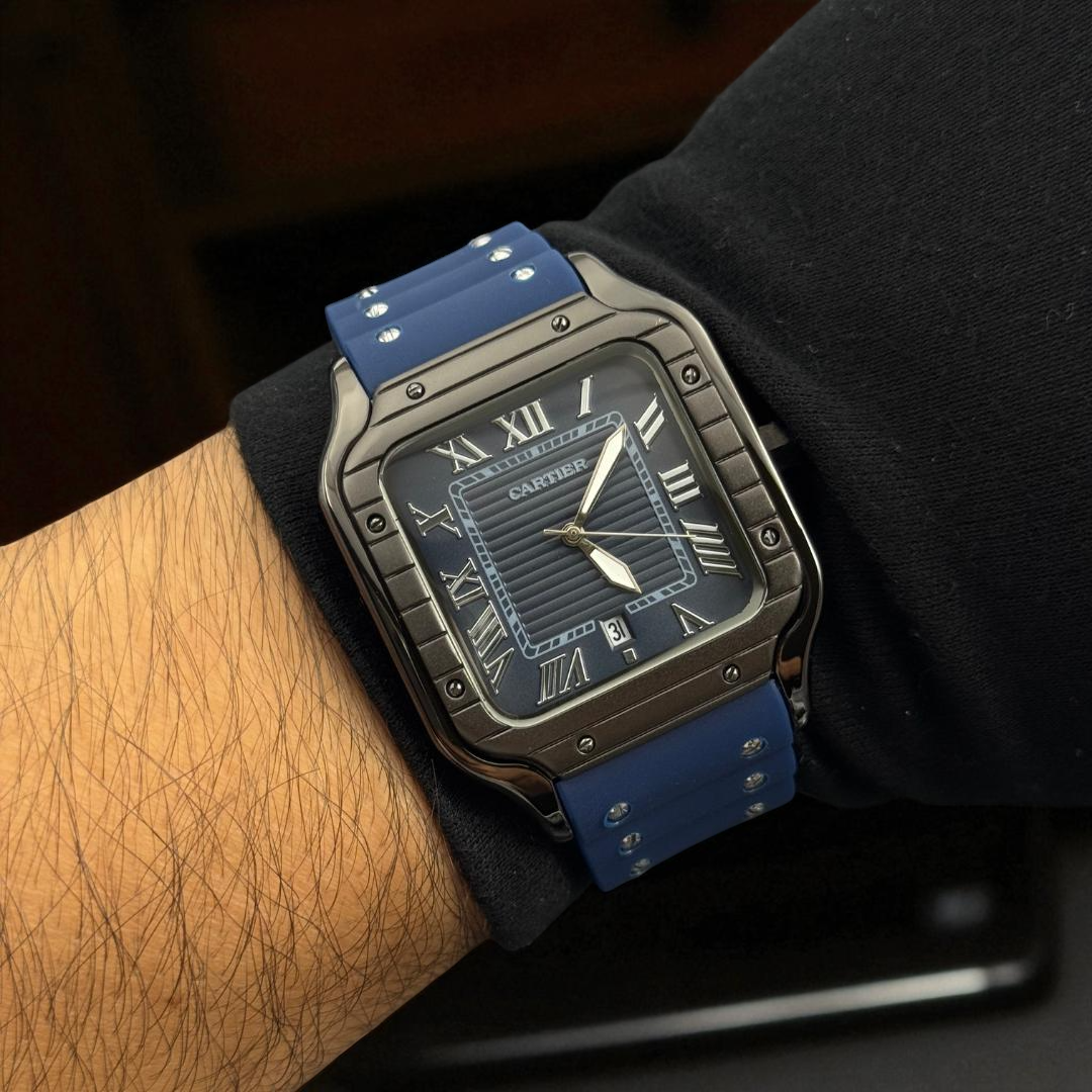 Cartier Santos Goma Azul Negro Tablero Azul