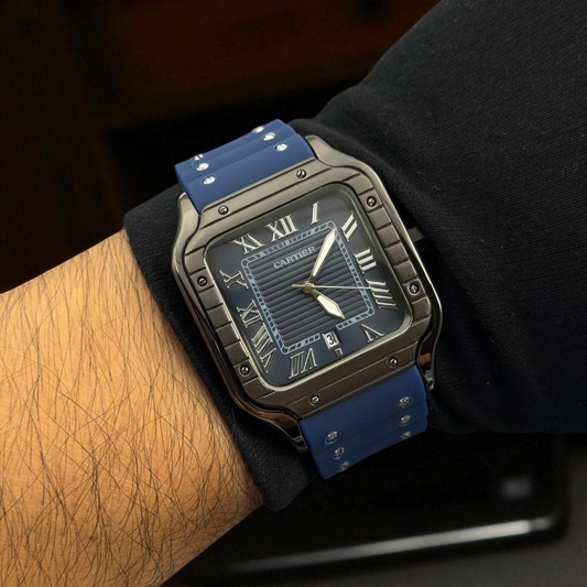 Cartier Santos Goma Azul Negro Tablero Azul