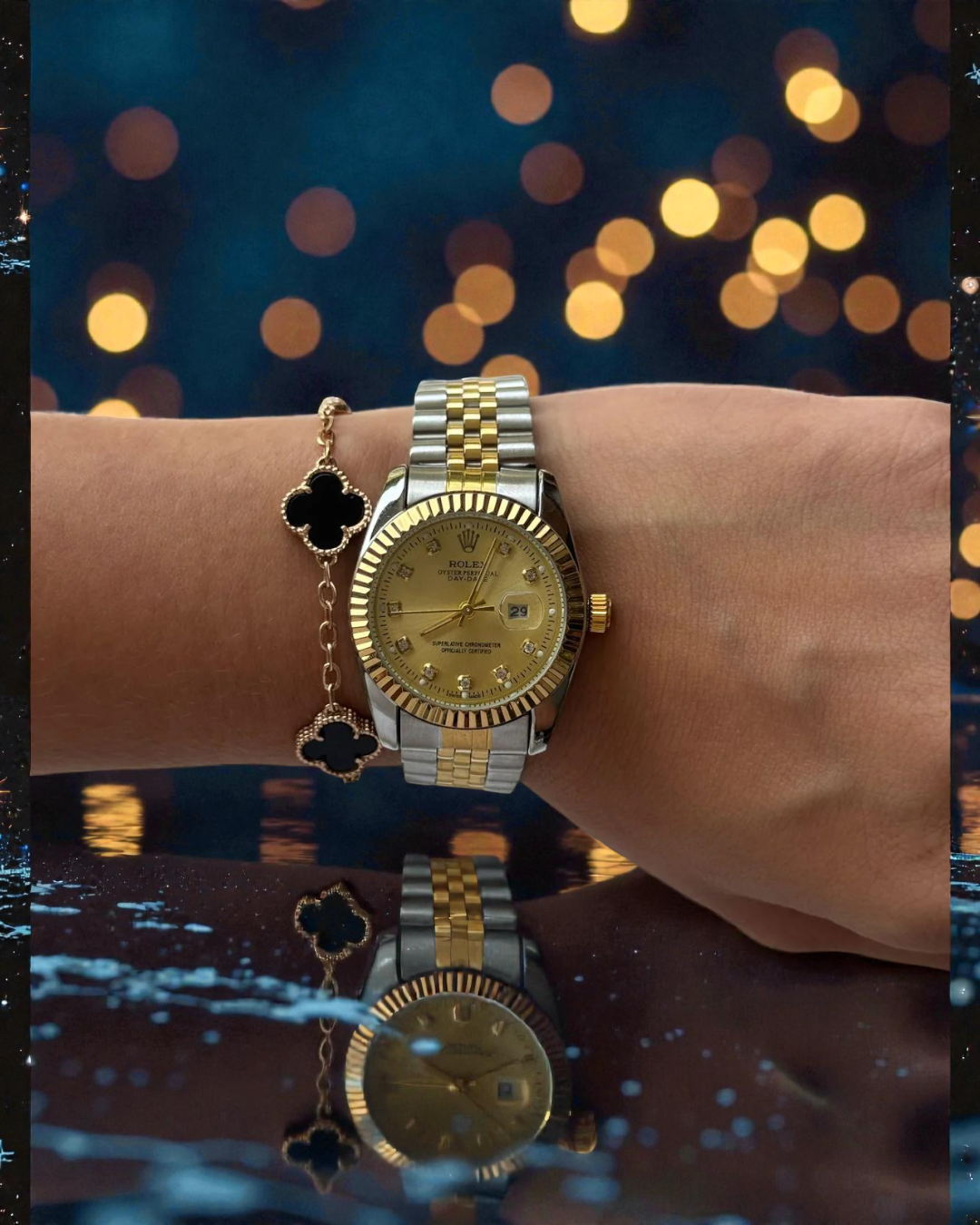 Rlx Mujer Dayjust Diamond Bicolor Dorado Tablero Dorado