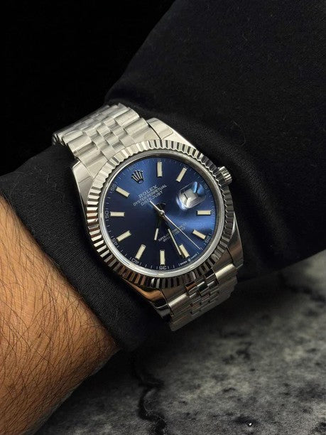 Rlx DateJust Exclusive Trenzado Plateado Tablero Azul
