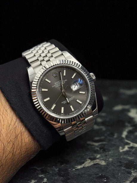 Rlx DateJust Exclusive Trenzado Plateado Tablero Gris