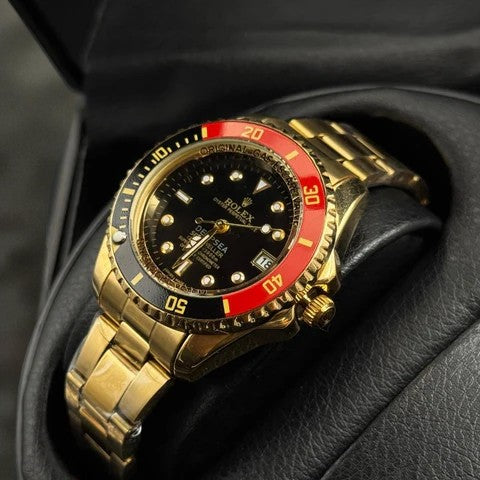 Rolex Submariner Mujer Dorado Tablero Negro Bisel Negro Rojo