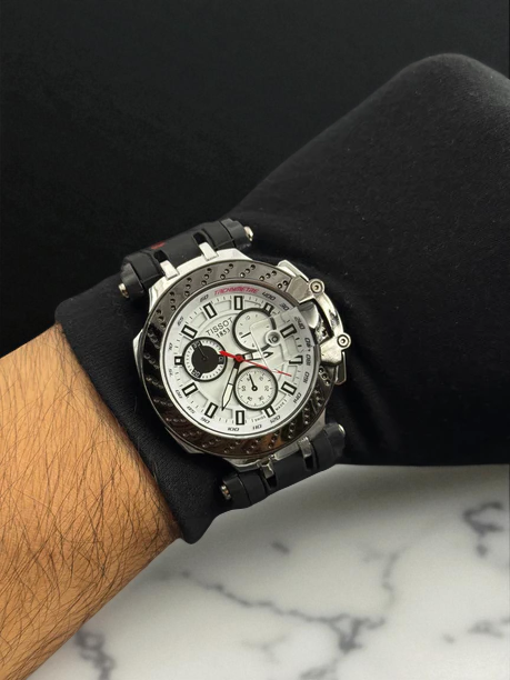 Tissot T-Race Plus Goma Negra Tablero Blanco Plateado Negro