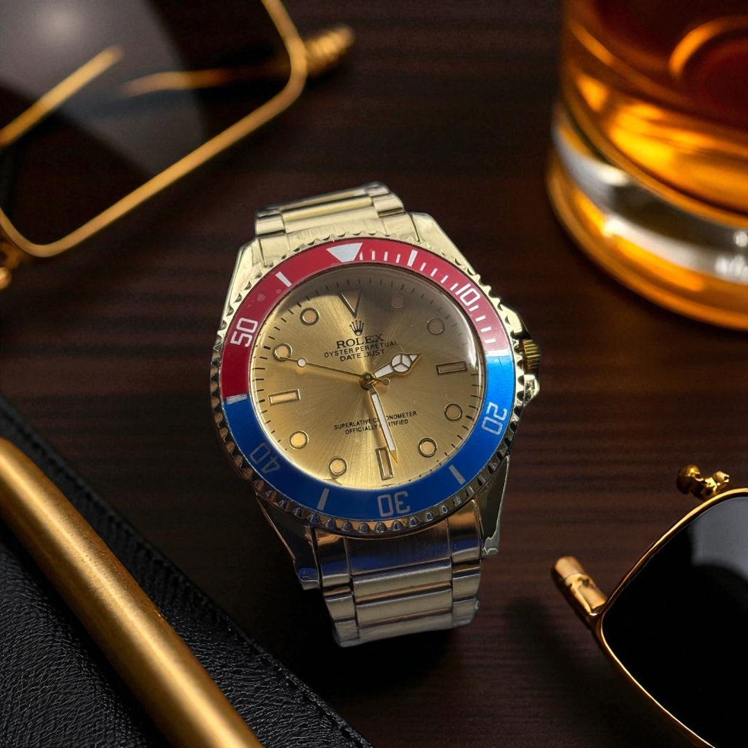 Rolex Plus Dorado Tablero Dorado Bisel Azul Rojo