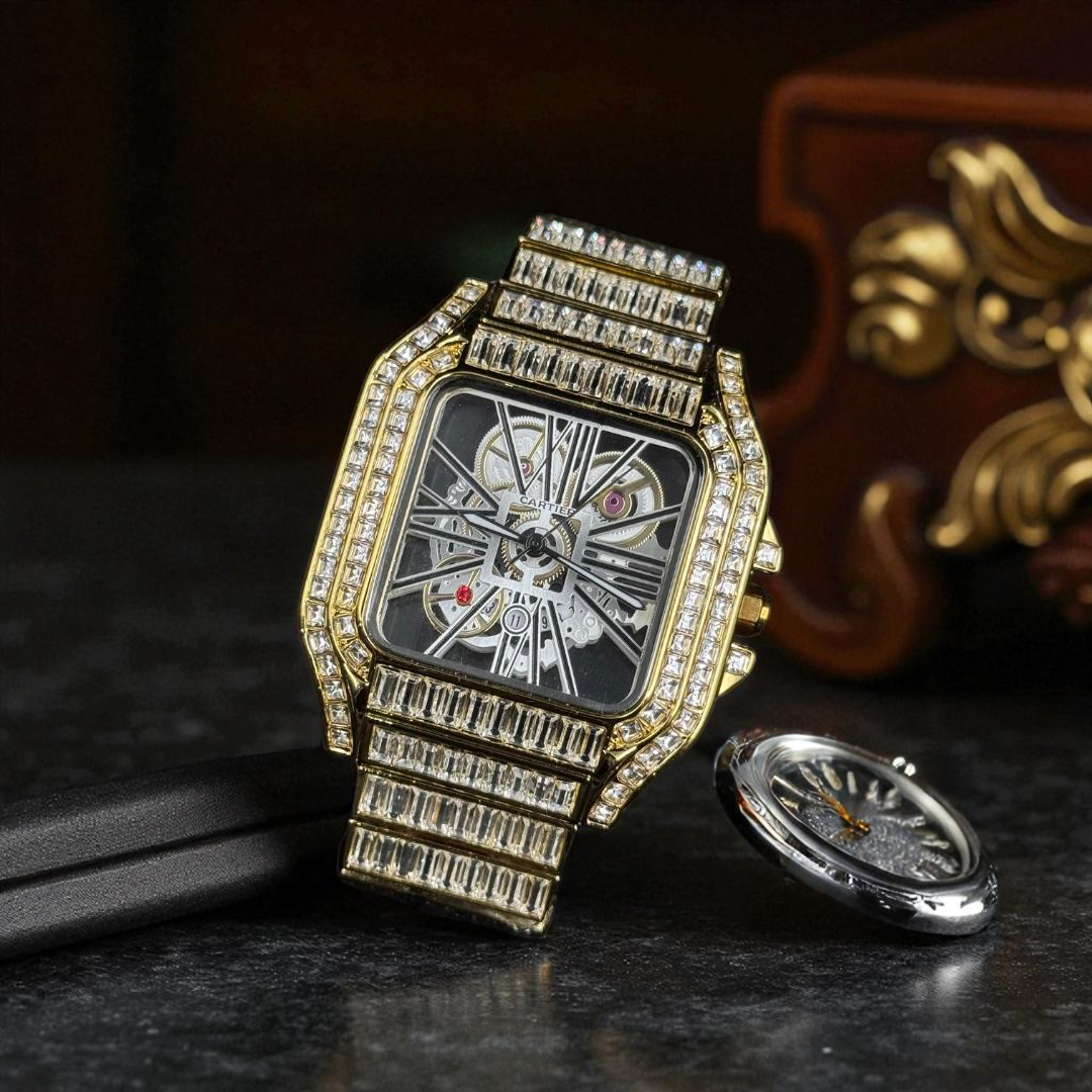 Cartier Santos Skeleton Metal Circones Dorado Tablero Negro - Blanco