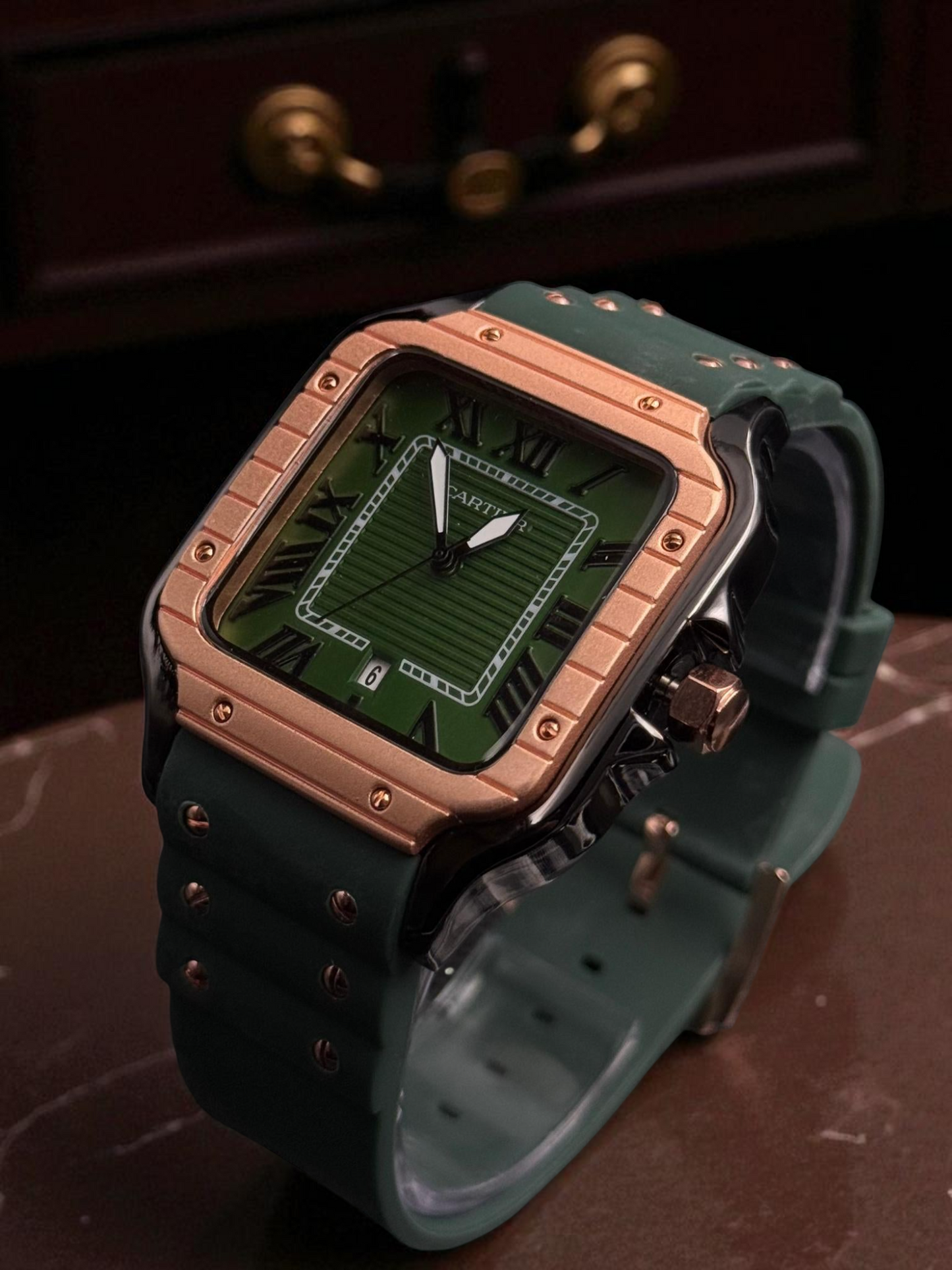 Cartier Santos Goma Verde Tablero Verde Oro Rosa