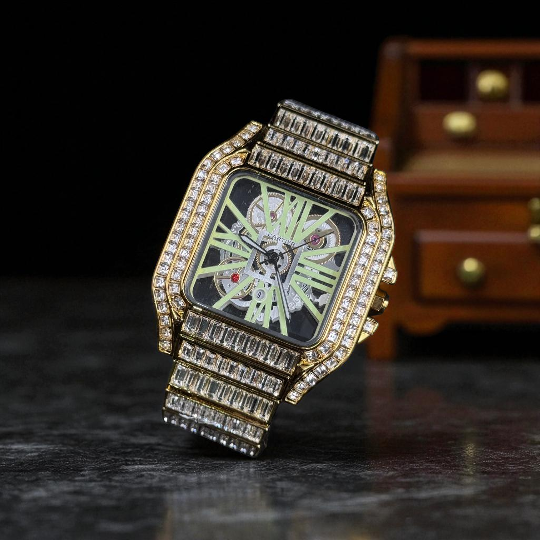 Cartier Santos Skeleton Metal Circones Dorado Tablero Verde