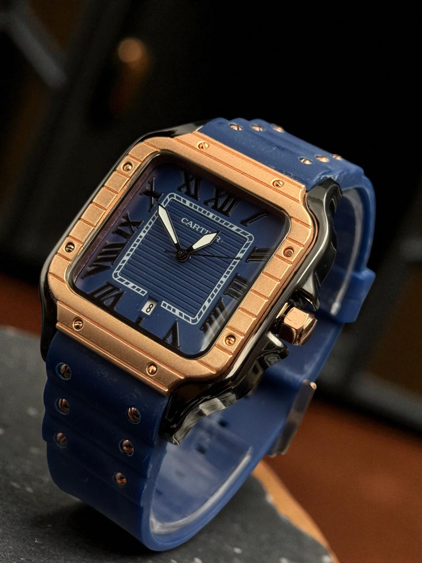 Cartier Santos Goma Azul Tablero Azul Oro Rosa