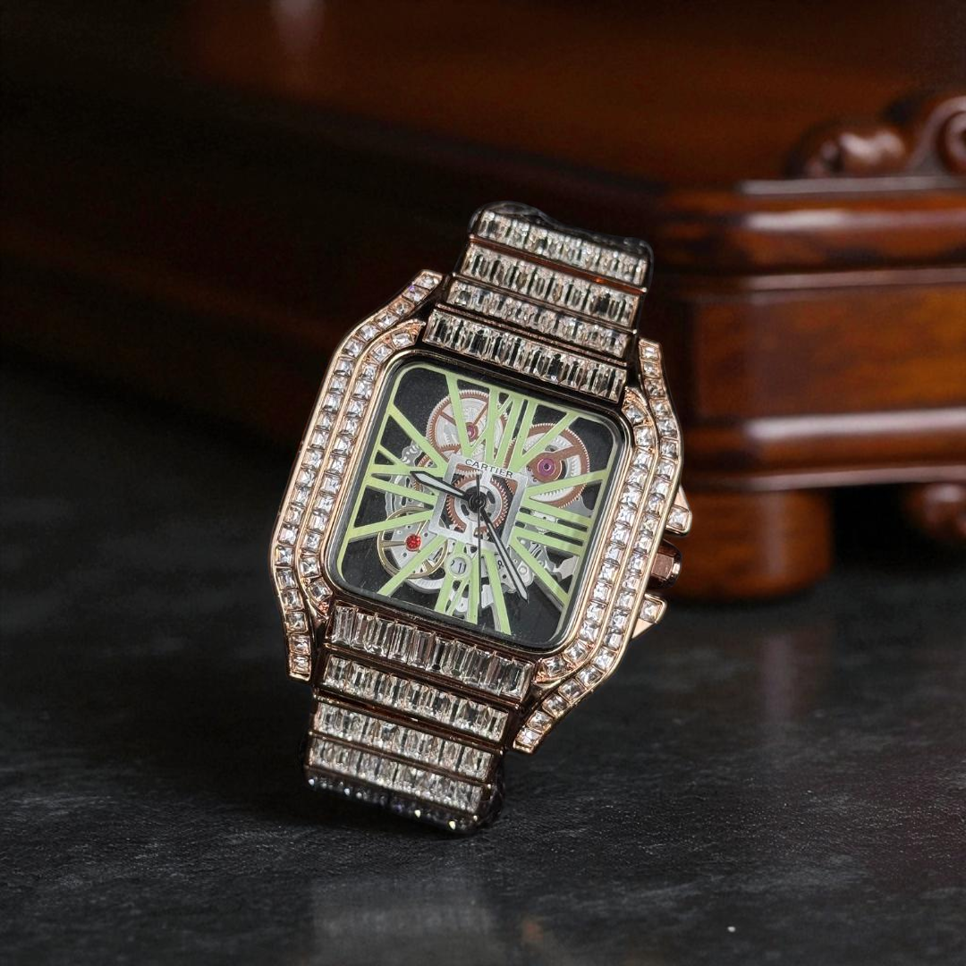 Cartier Santos Skeleton Metal Circones Oro Rosa Tablero Verde