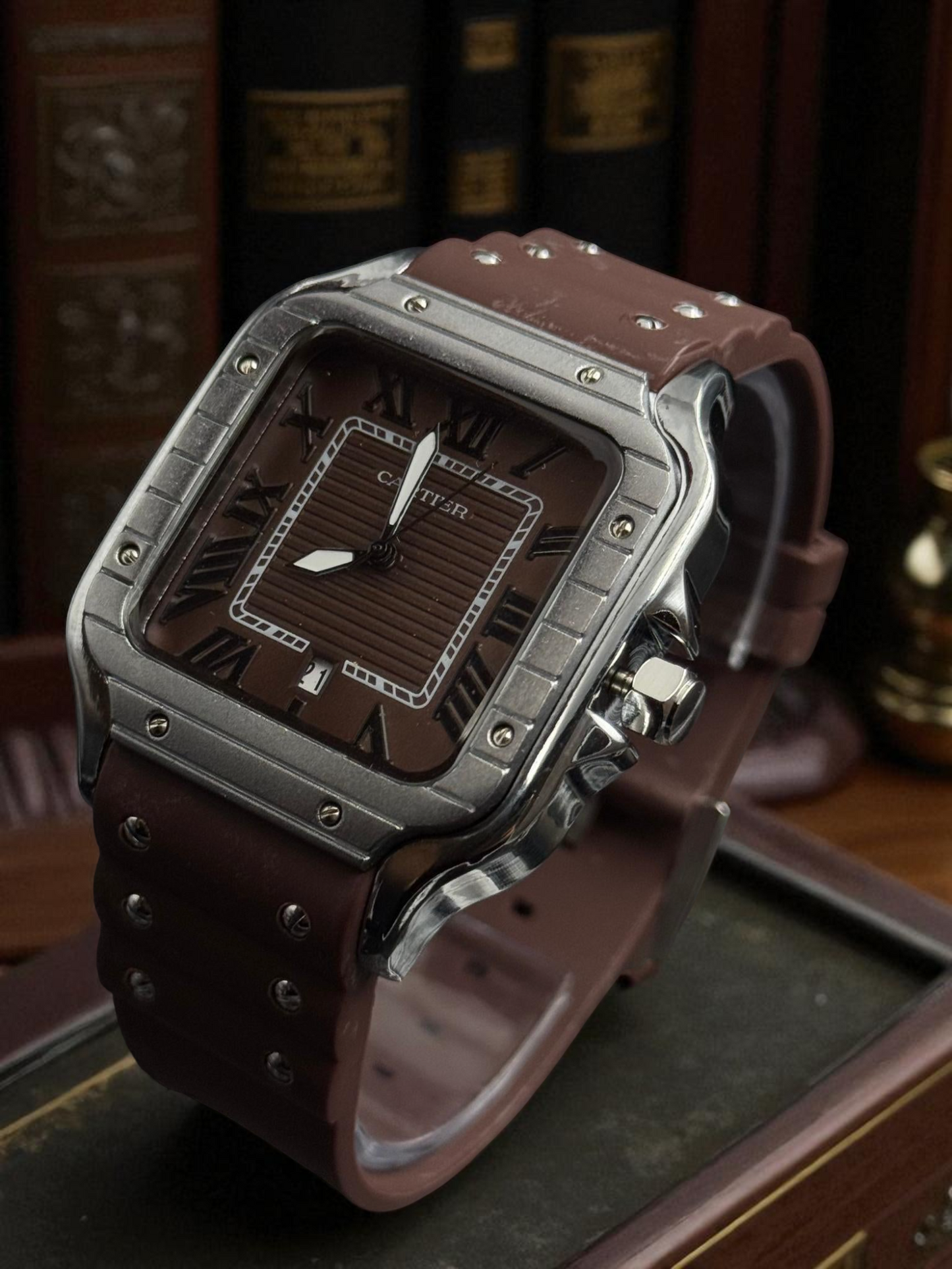 Cartier Santos Goma Café Tablero Café Plateado