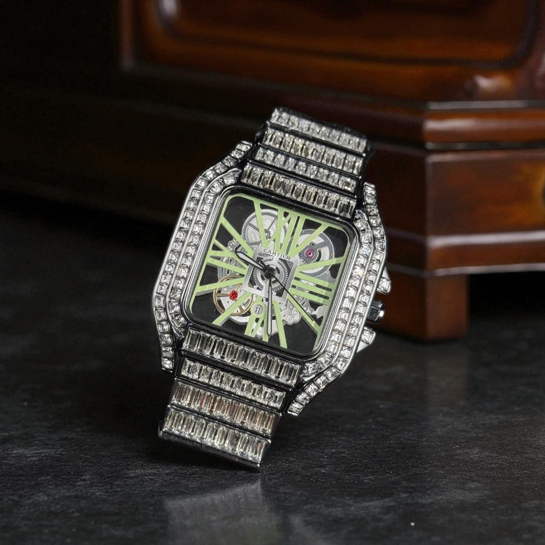 Cartier Santos Skeleton Metal Circones Plateado Tablero Verde