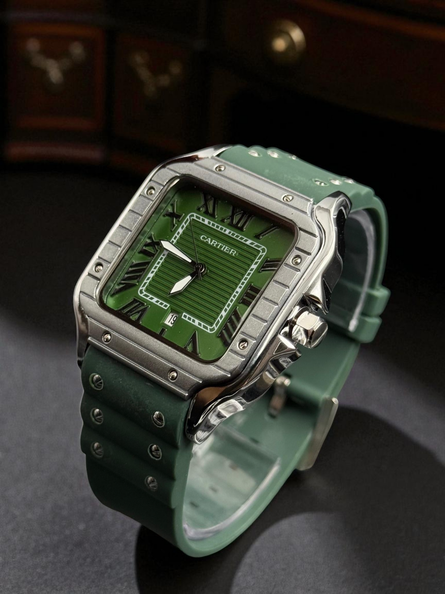 Cartier Santos Goma Verde Tablero Verde Plateado