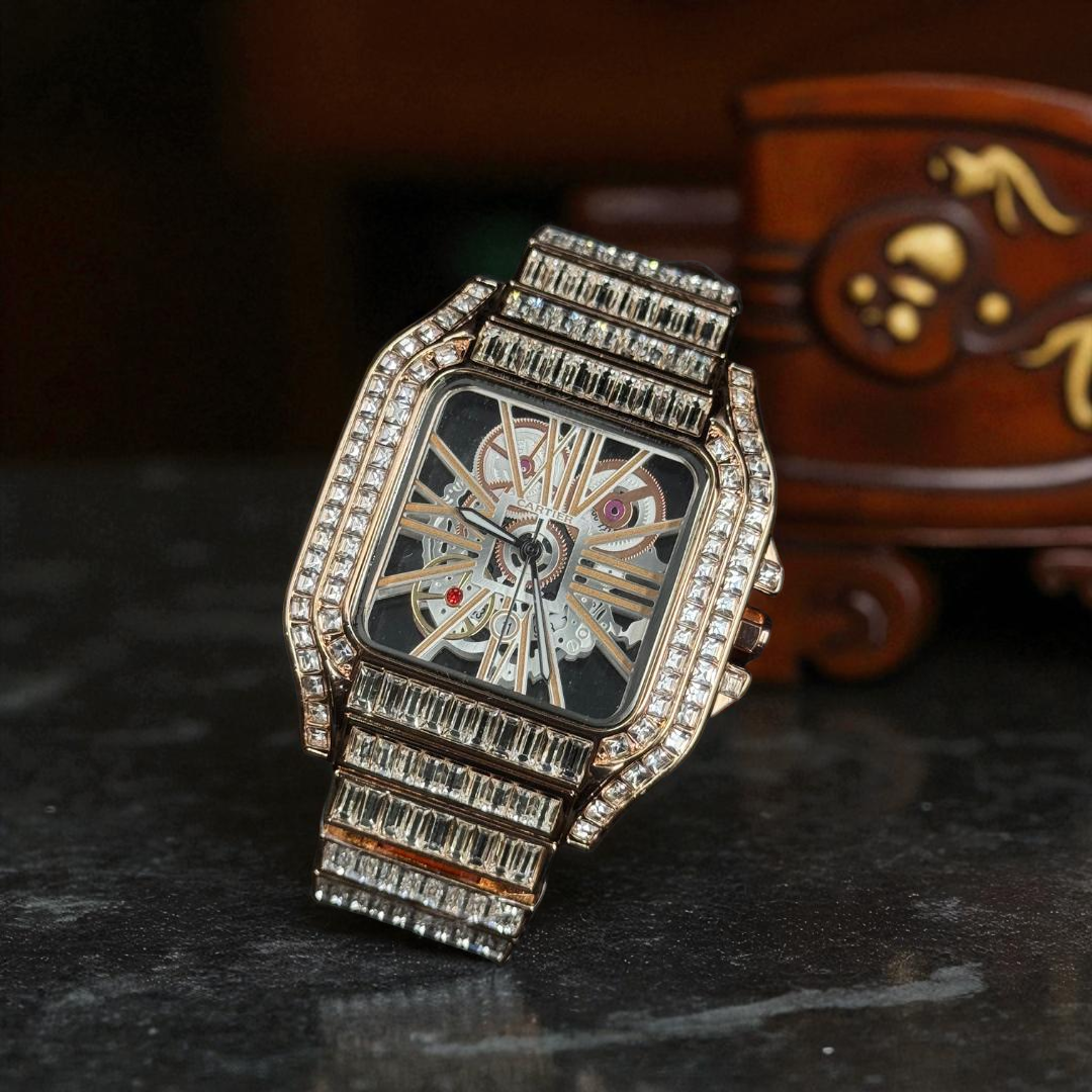 Cartier Santos Skeleton Metal Circones Oro Rosa Tablero Plateado Oro Rosa