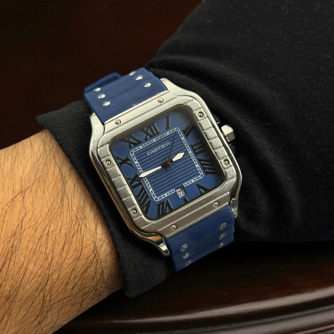 Cartier Santos Goma Azul Tablero Azul Plateado