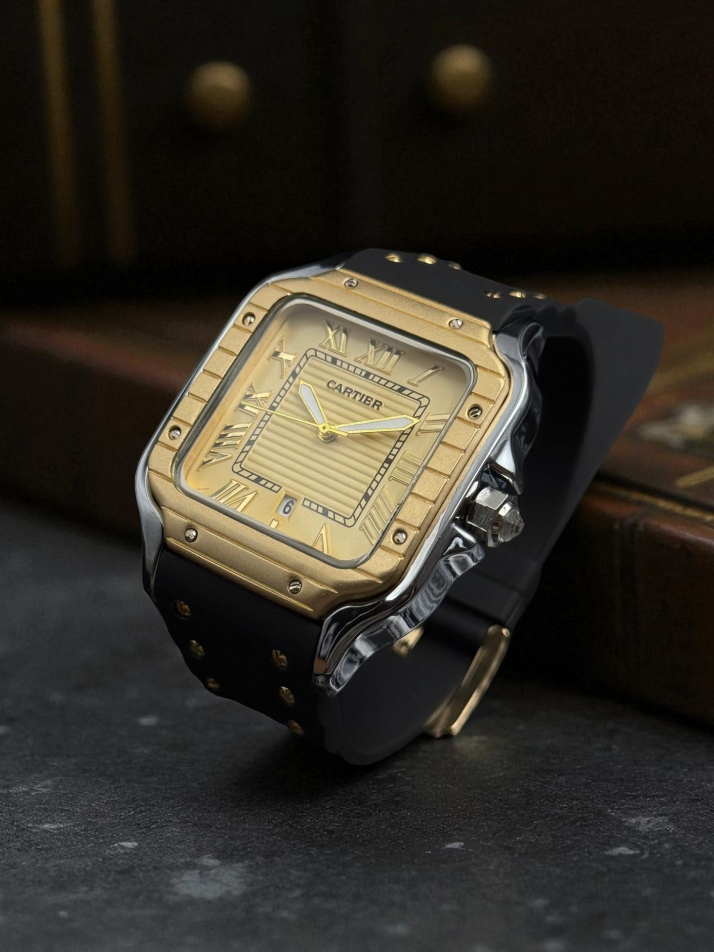 Cartier Santos Goma Negra Plateado Tablero Dorado Dorado
