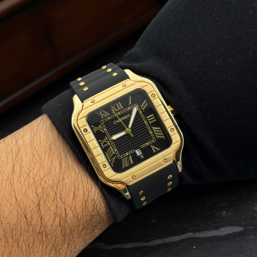 Cartier Santos Goma Negra Dorado Tablero Negro