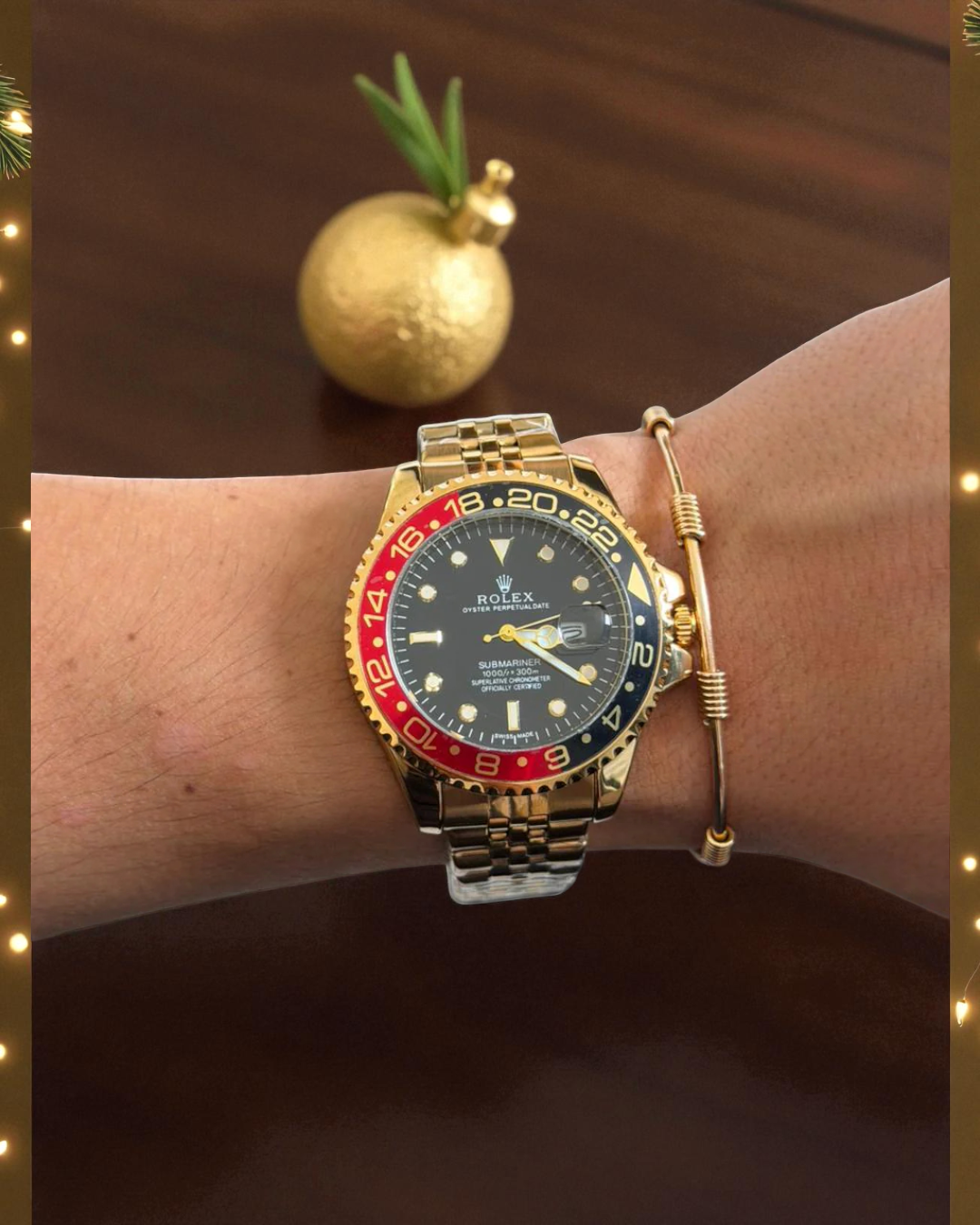 Rlx Date Trenzado Dorado Tablero Negro Bisel Negro Rojo