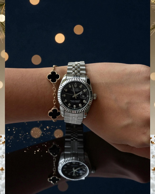 Rlx Mujer Dayjust Diamond Plateado Tablero Negro