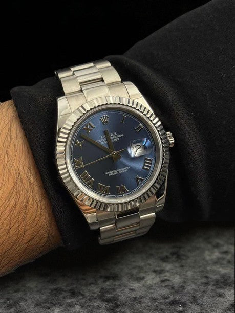 Rlx DateJust Exclusive Plateado Tablero Azul Números Romanos