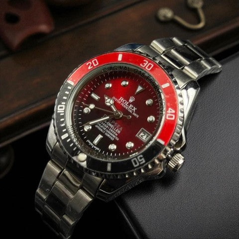 Rolex Submariner Mujer Plateado Tablero Rojo Bisel Negro Rojo